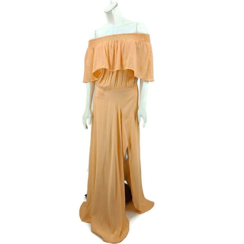 New Flynn Skye Miranda Off Shoulder Maxi Dress Womens M Peach Side Slits Rayon